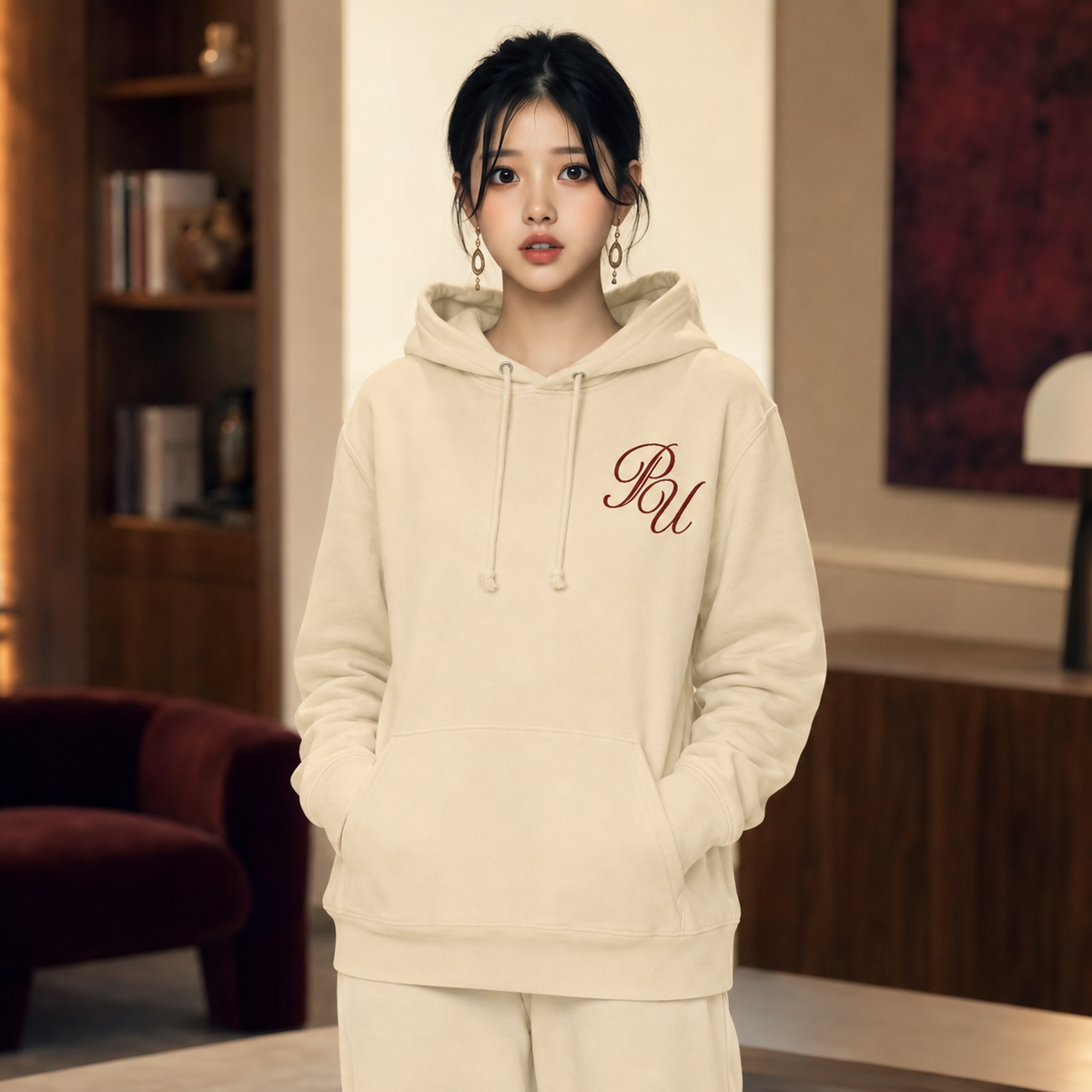 PU Signature Maroon Embroidered French Terry Hoodie worn by Arin / Dae-hye