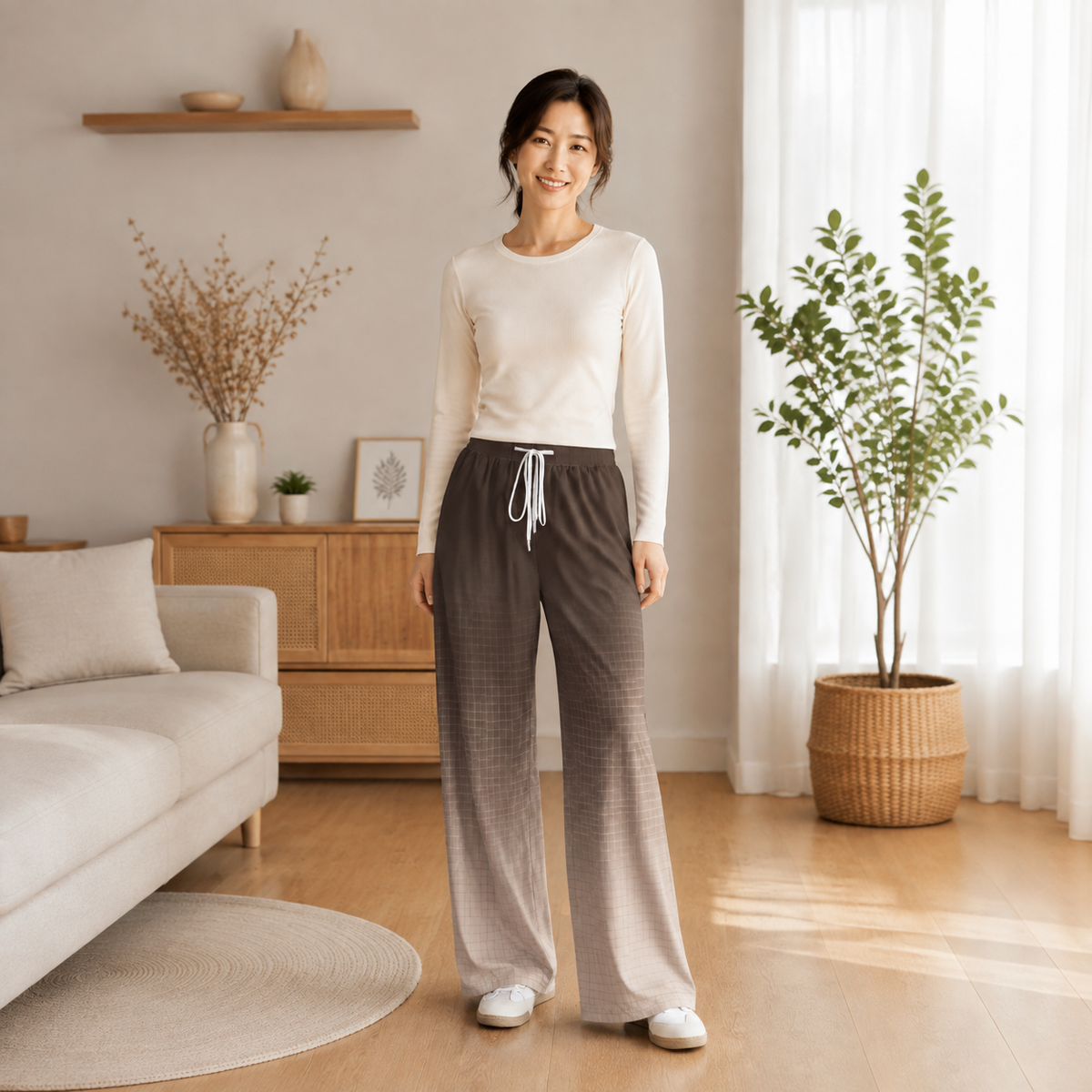 PU Soft Grid Fade High-Stretch Wide-Leg Pants