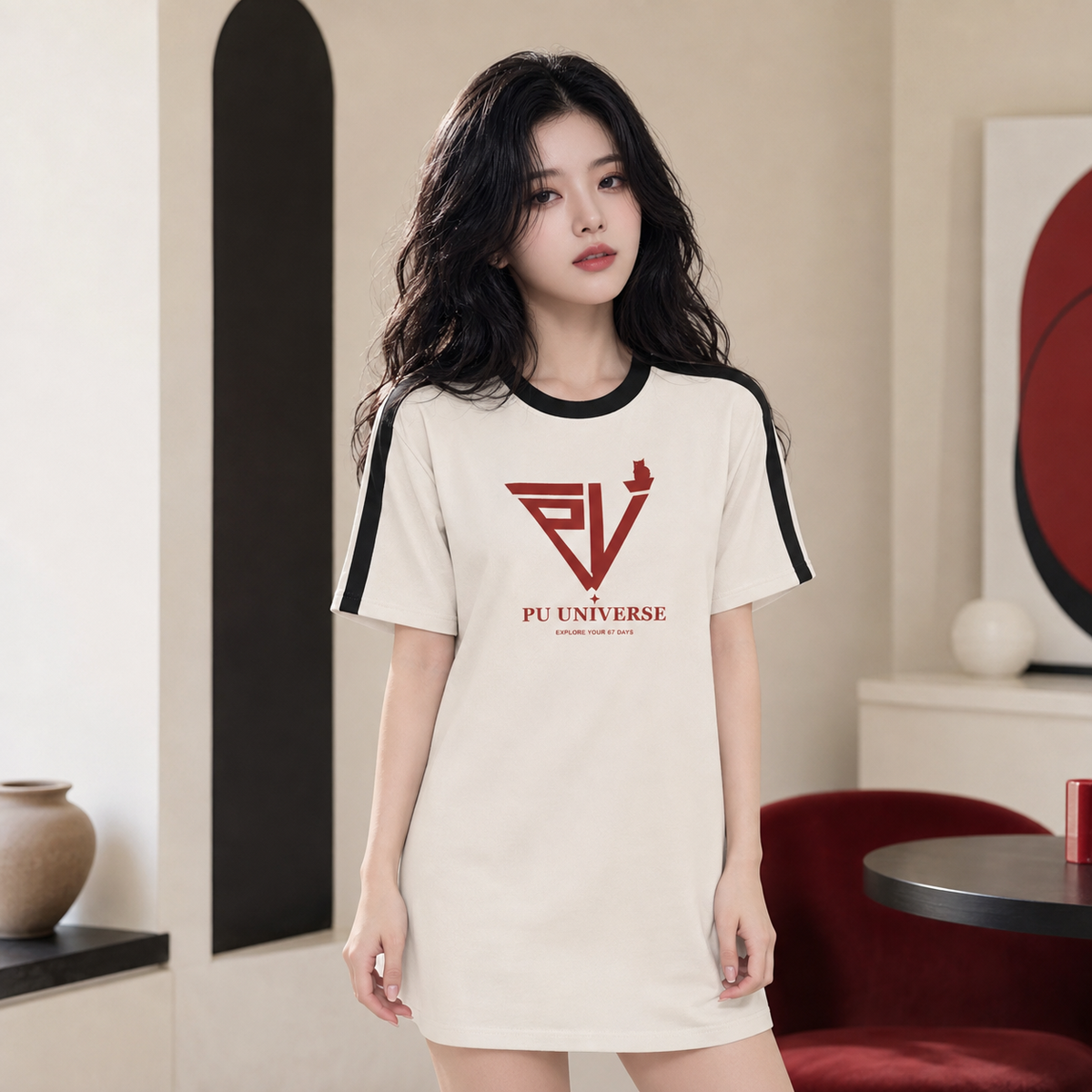 PU Universe Women's Cat Emblem Line T-Shirt