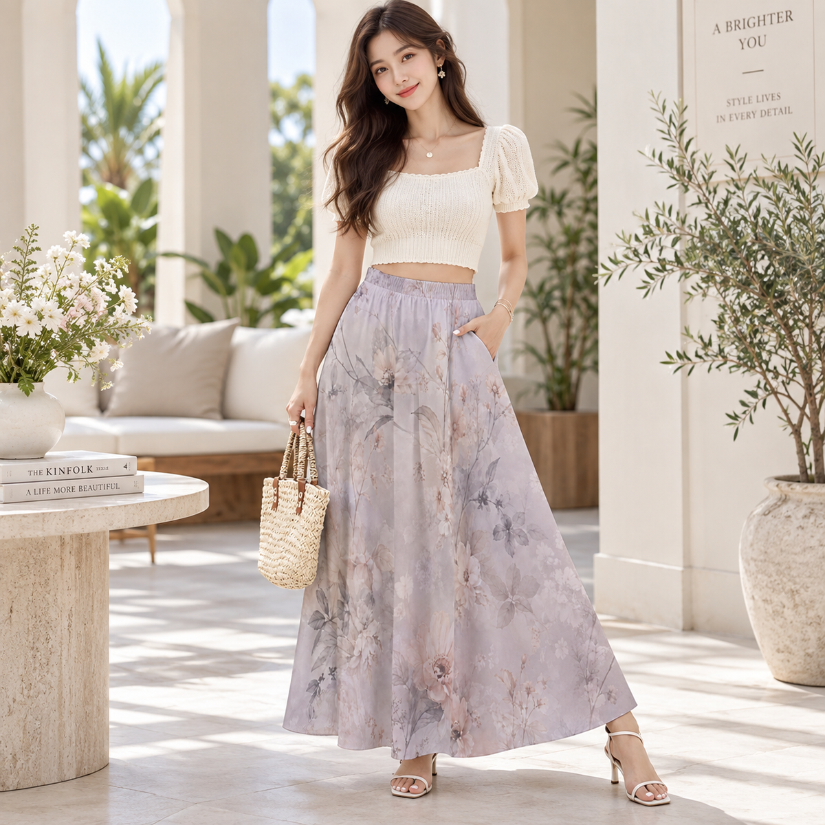 PU Mist Bloom Chiffon Maxi Skirt