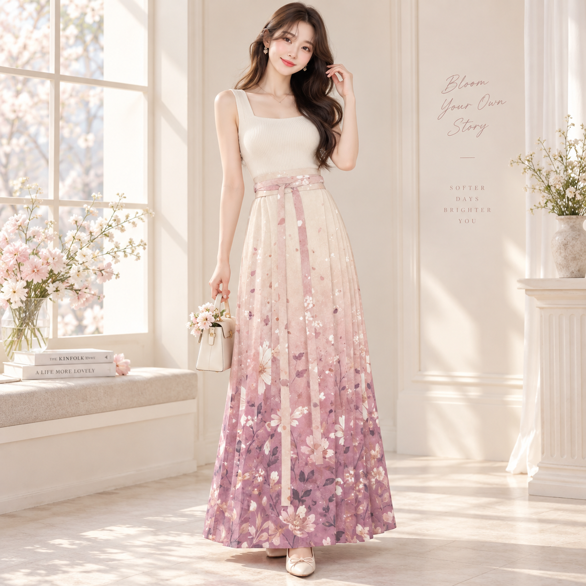 PU Blush Garden Pleated Maxi Skirt