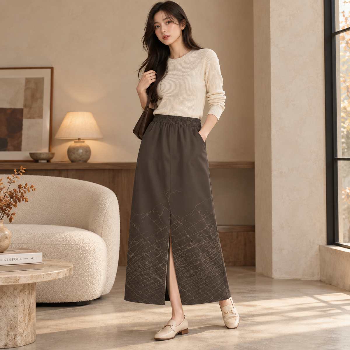 PU Quiet Trace Cotton Midi Skirt