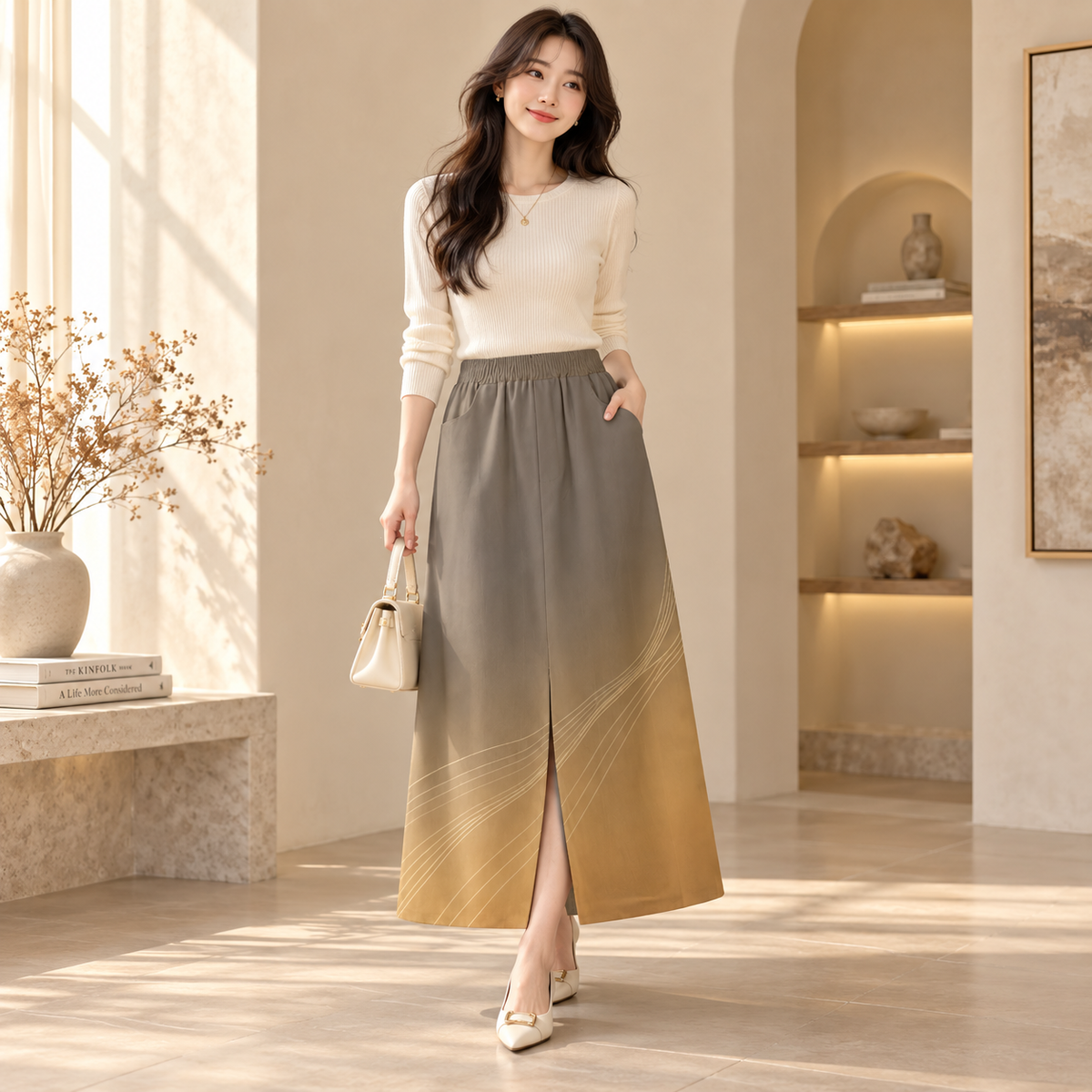 PU Golden Current Cotton Midi Skirt