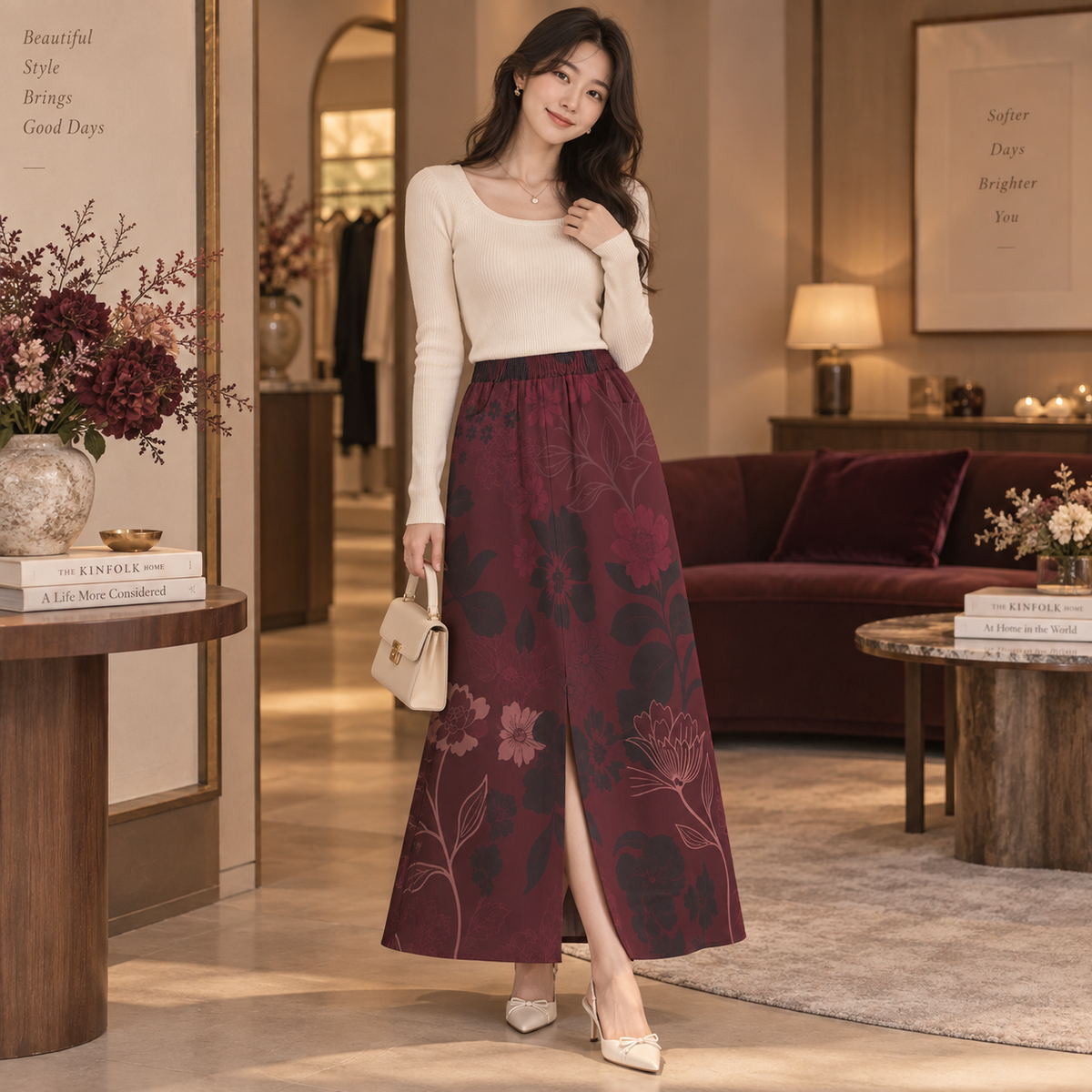 PU Burgundy Bloom Cotton Midi Skirt