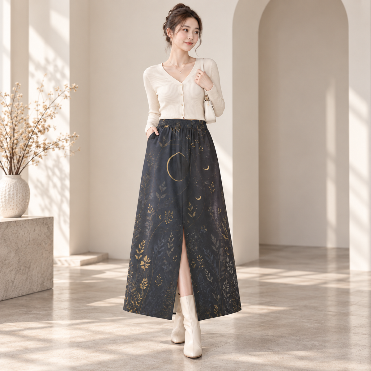PU Moonlit Garden Cotton Midi Skirt
